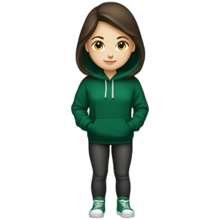 White Girl white darkbrown hair wearing darkgreen Hoodie emoji