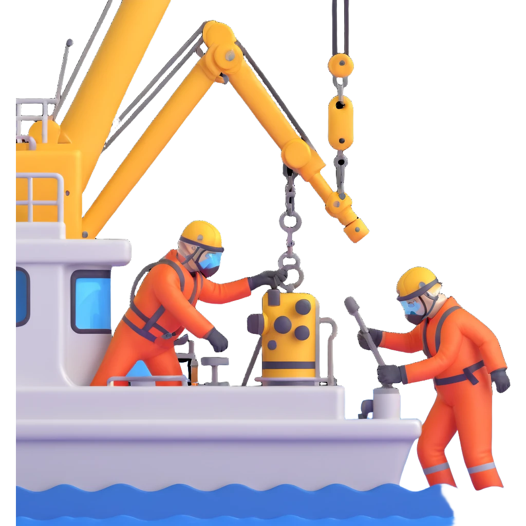 Scientists on Russian research ship using crane to collect ocean floor samples during rough seas emoji