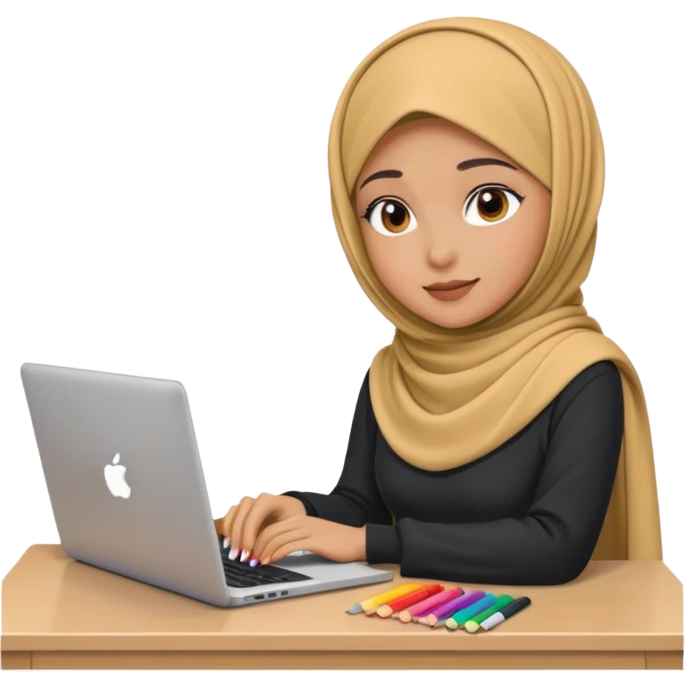 a hijab girl at a desk with a laptop and color swatches, Apple emoji style emoji