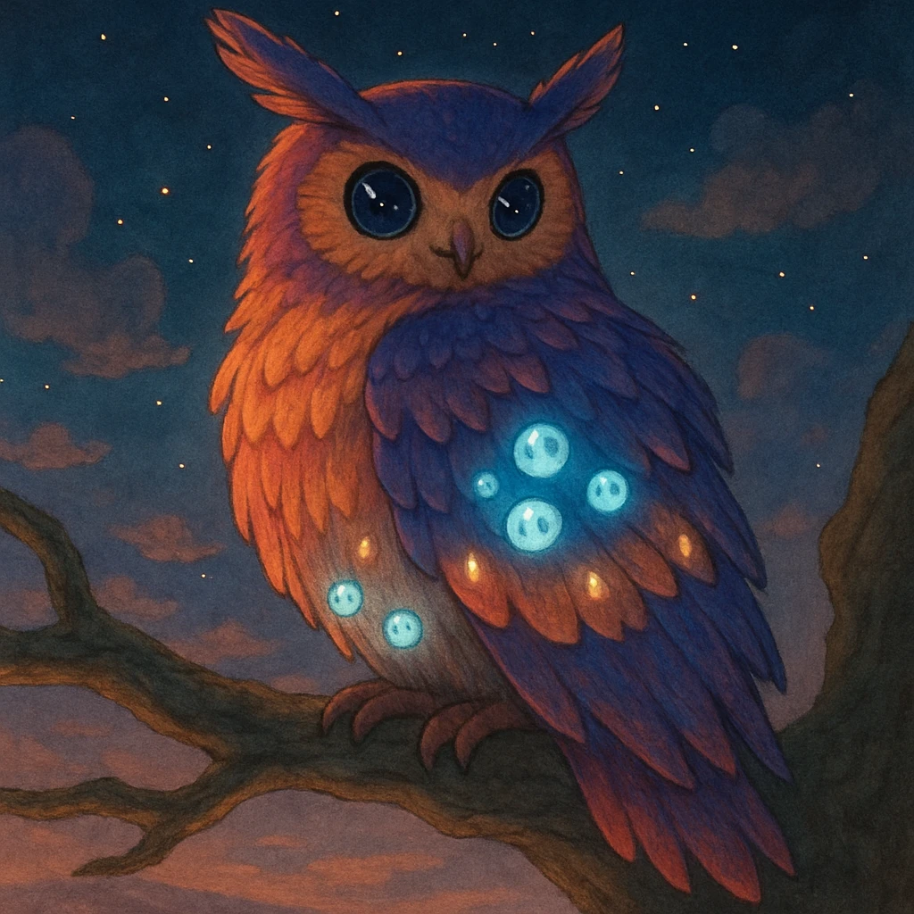 A majestic owl spirit companion perched on an ancient branch, with feathers that shimmer with colors of dusk, eyes that reflect the night sky with stars, small glowing spirit orbs nested in its wings emoji