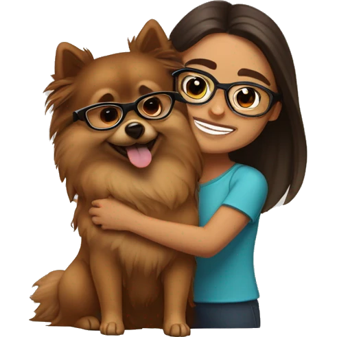 Hispanic girl with long Brown hair with glasses hugging  brown Pomeranian  emoji