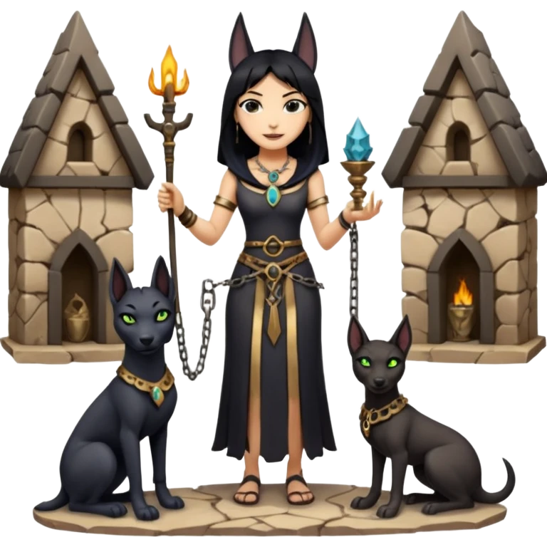 Smiling Witchy-mannered real Audrey Hepburn cleopatra Protecting silky black-haired tiny chained-slave-adorned statuette scale smoky-evil-eyed Anubis dessert scenery stone-age cracked irregular dwelling  emoji