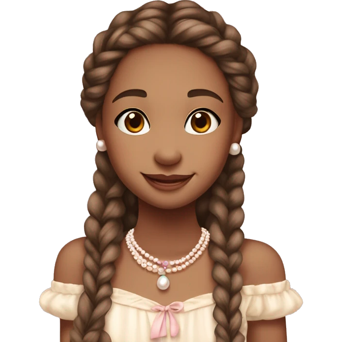 The girl, with a warm, rosy complexion, sparkling brown eyes, and a friendly smile, wears long braids adorned with blush and cream ribbons, a pastel off-the-shoulder top, a pearl necklace, and exudes warmth and vintage charm. emoji