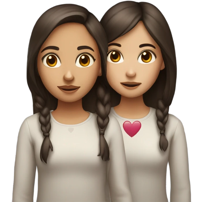Two girls are friends, both brown-eyed, dark-haired, with fair skin. One has rounder eyes, the other has fox eyes. And the hearts emoji