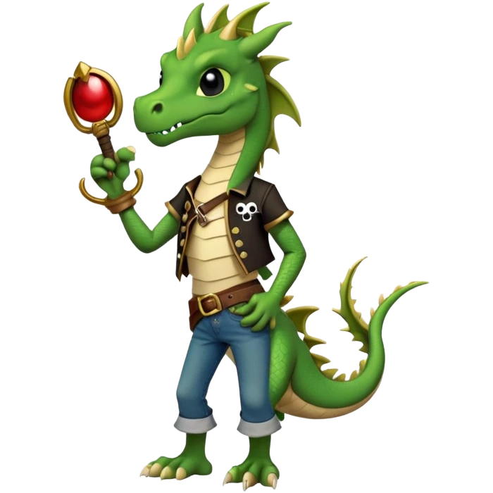 friendly anthropomorphised dragon in a band t-shirt and jeans with a pirate eye-patch walking upright, relaxed pose emoji