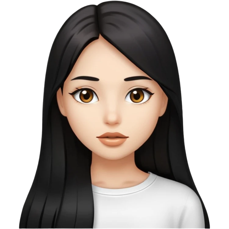 Chica pelo negro,liso y largo,ojos marrones,top blanco,y labios con gloss transparente emoji