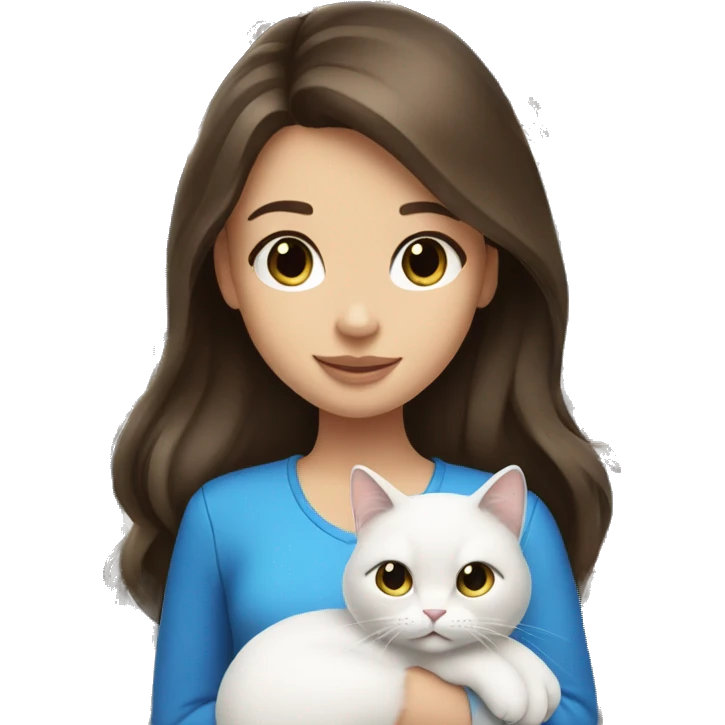 brunette girl with long hair and holding a white cat with blue logos emoji