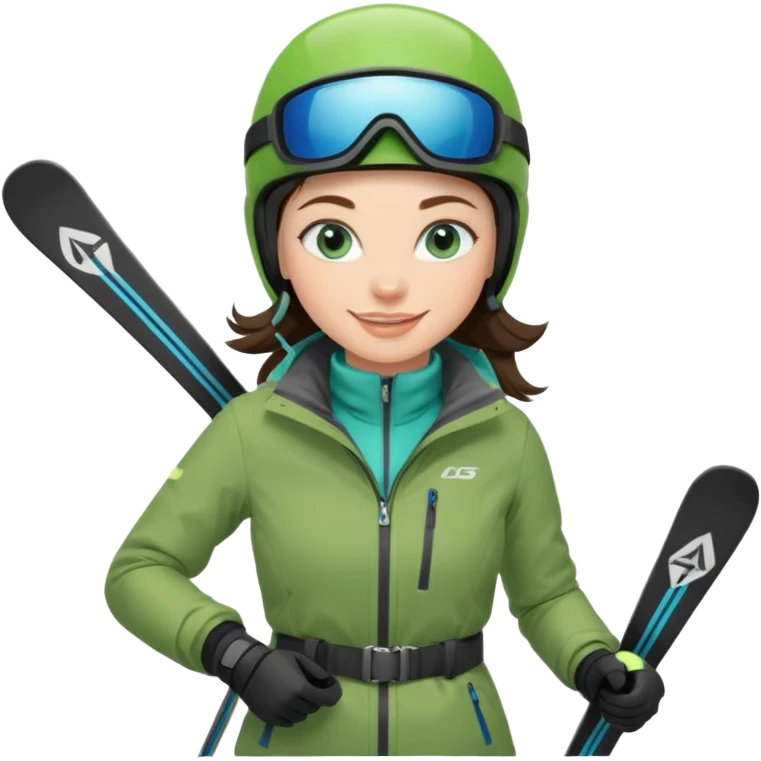 brunette with blue eyes skiing downhill in a green jacket emoji