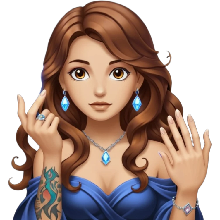 mystic woman long wavy brown hair tattoos lighting crystal with fingertip emoji