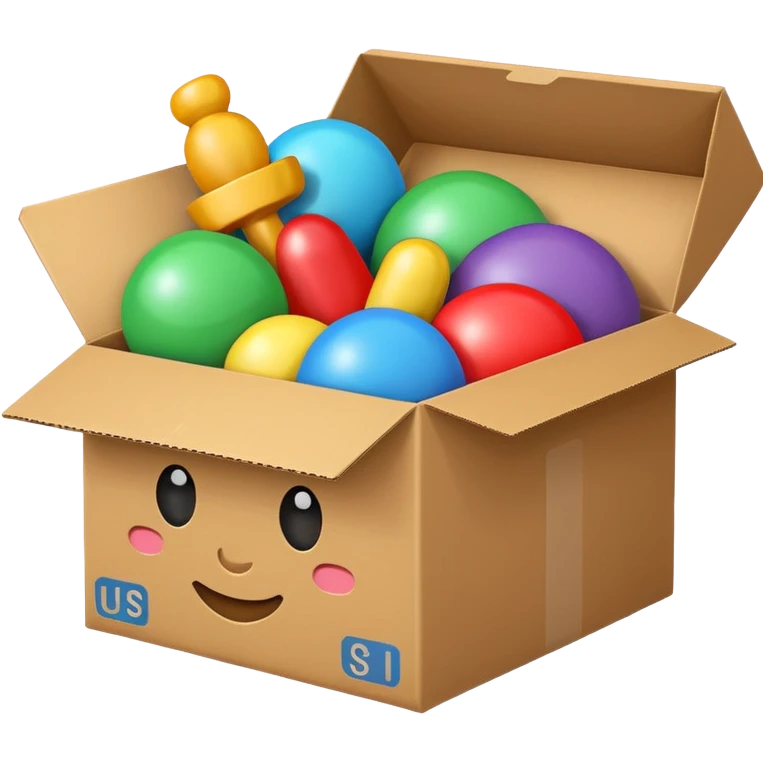 cardboard box with toys, emoji