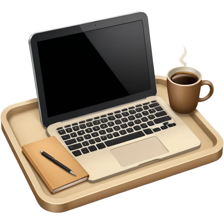 Laptop on the rectangular beige coffee tray, coffee and notebook emoji