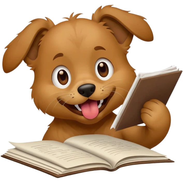 playful dog with mouth open biting into a sheet of homework, paper clearly being chewed, apple style emoji emoji