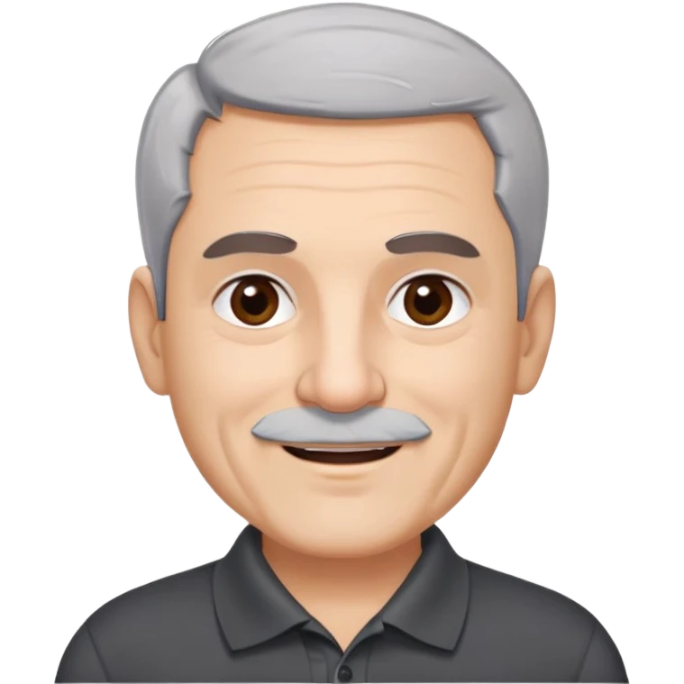 Puerto Rican older man with round face, wide jaw, light skin. Expressive dark brown eyes, thick eyebrows. Short gray hair with receding hairline. Light gray stubble beard. Friendly smile. Wearing a black polo shirt. emoji