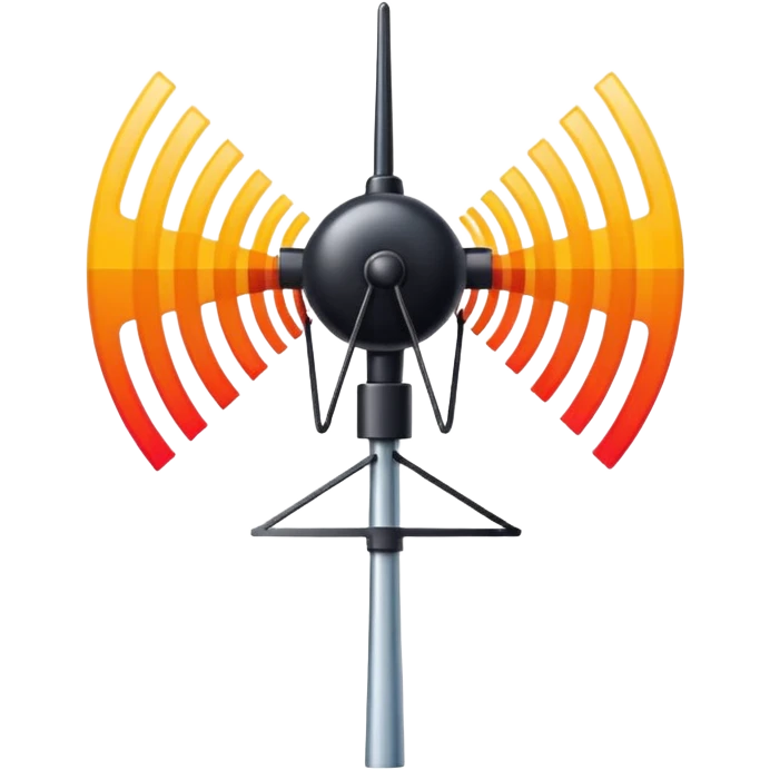 Minimalist emoji-style sticker of an old-school antenna with distorted, glitched signal waves. Clean icon style. emoji