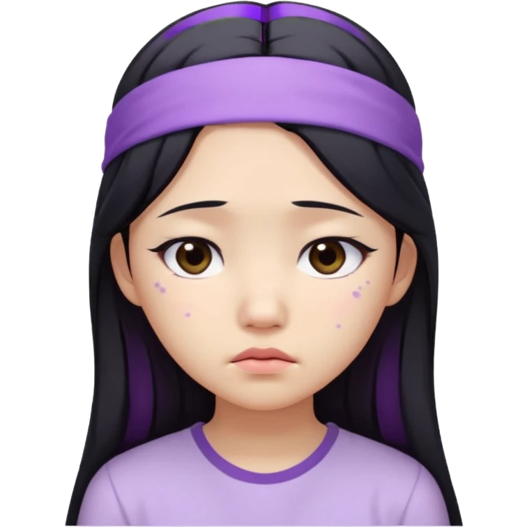 Asian girl with long black hair, lilac headband, white shirt, sad face, acne on cheek emoji