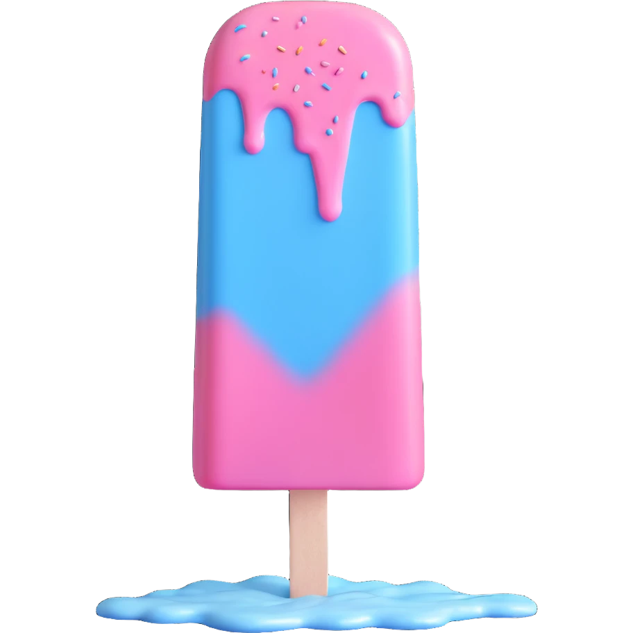 Recreate this popsicle with pastel pink, blue, and purple colors, melting icing, and star sprinkles. Make it look glossy and realistic in 3D iOS emoji style with a white background and no extra decorations. emoji
