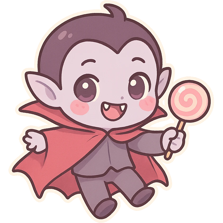 chibi vampire, pastel palette, tiny fangs, cute cape, big eyes, playful expression, floating, holding a lollipop emoji