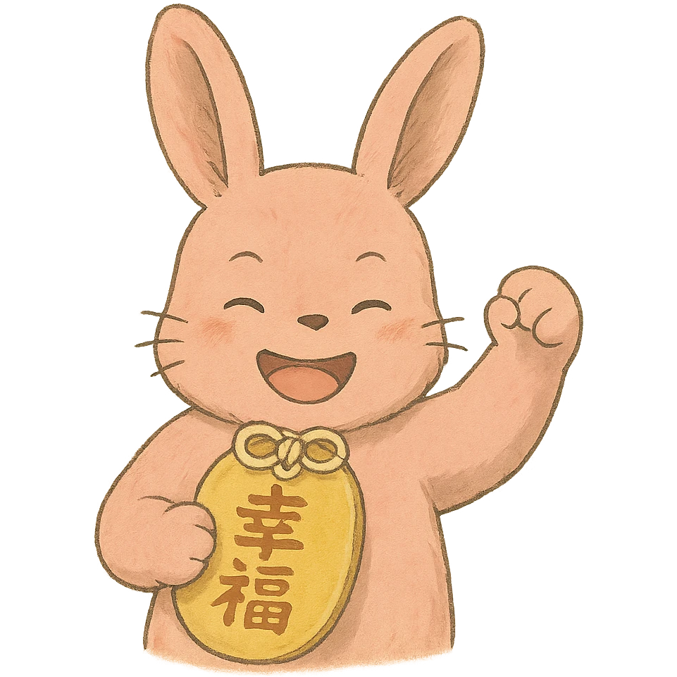 pink bunny holding lucky charm and pumping fist, soft Ghibli style emoji