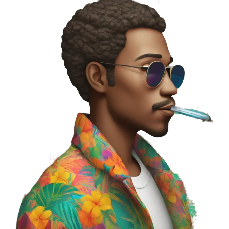 Person vaping wearing a colourful vibrant tropical patchwork of intricate vintage patterns, vape emoji