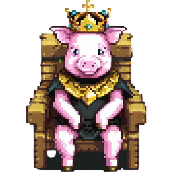 Minecraft style pig with a golden crown sitting on a throne, inspired by Technoblade emoji