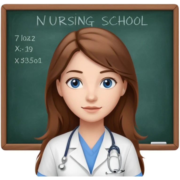 university classroom that says nursing school on the blackboard with a pretty female nursing student with long brown hair, blue eyes emoji