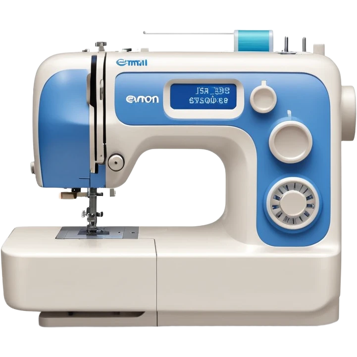 Modern Brother-style computerized sewing machine emoji, white and light gray with a blue thread spool, small LCD screen and round dial, three-quarter view, soft gradients and shadows in Apple emoji style, plain light background. emoji