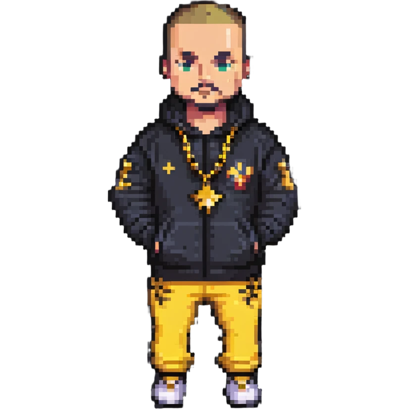 Russian gangster wearing a tracksuit and gold chain, pixel art style emoji