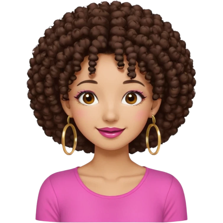 Naturally tan skin girl short darkBrown curly afropink shirt very long lashes hoop gold earrings Brown eyes gyaru smiling closed mouth cute non perfect circular a emoji
