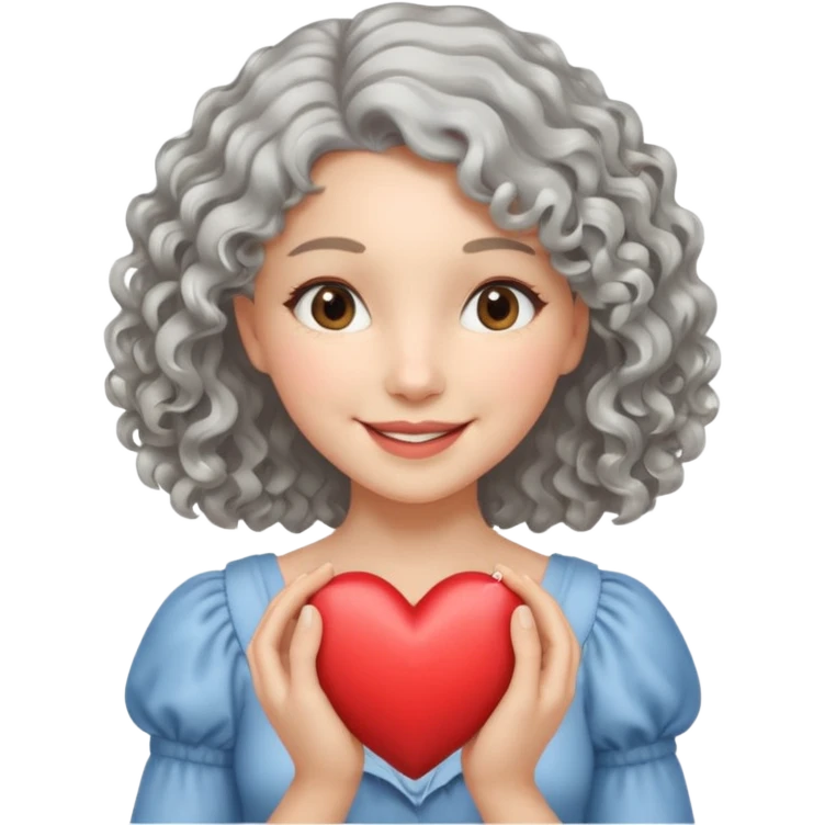 silvery curly/wavy shoulder-length hair smiling lady holding a heart thinner hair emoji