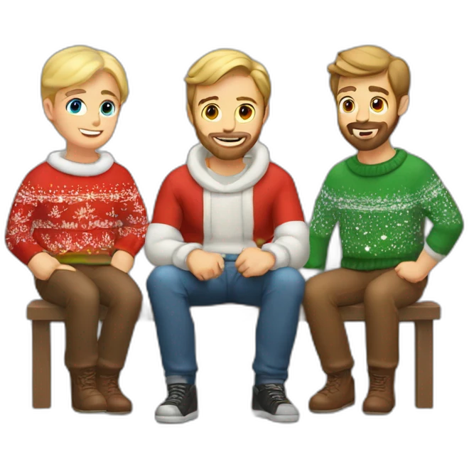 gay couple in christmas sweathers sitting one blond guy with beard and the other with brown hair emoji