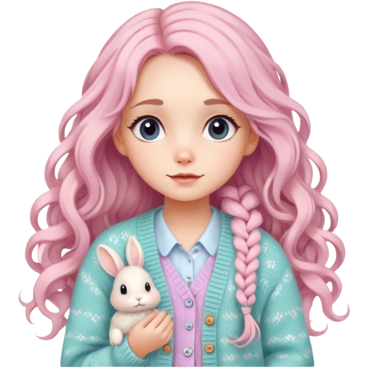  A girl with long curls, a pastel-colored hair clip, and a knitted cardigan with a bunny pattern, looking cute. emoji