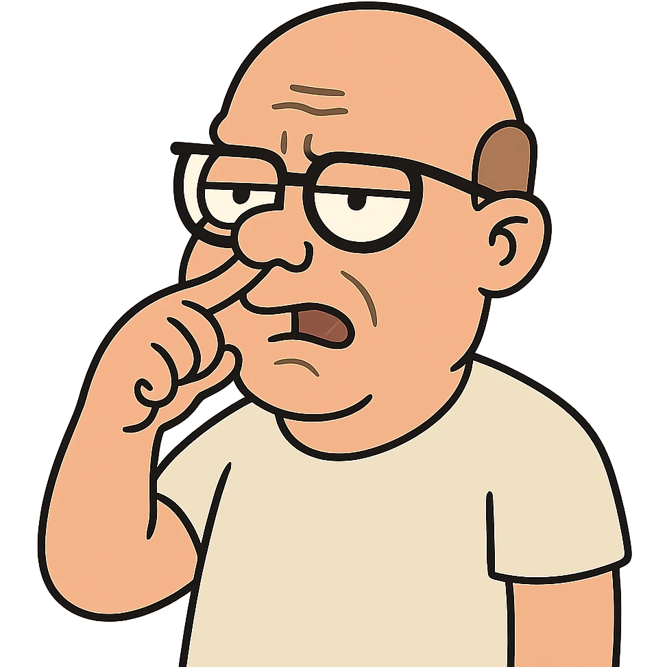 flat toon style bald guy with glasses picking his nose emoji