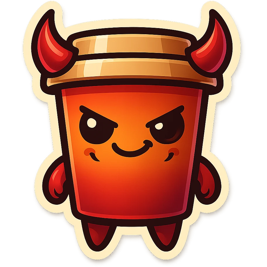 Tall coffee cup, devil horns, smirking, evil emoji
