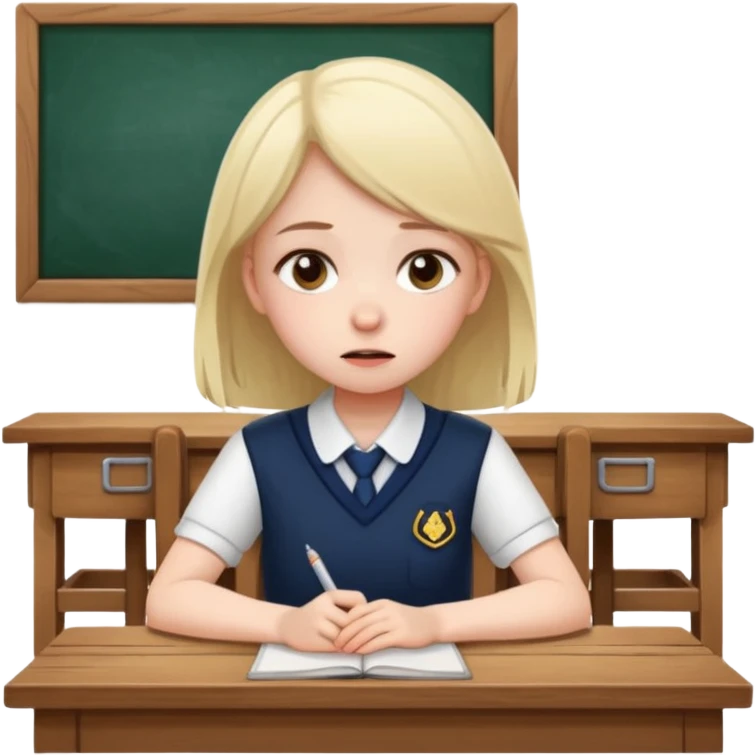 an anxious girl in school uniform sitting in front of a table  emoji