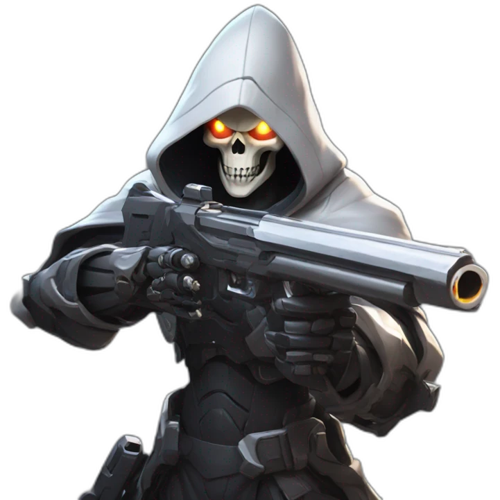 reaper from overwatch, holding his twin shotgun, shooting his ultimate move death blossom emoji