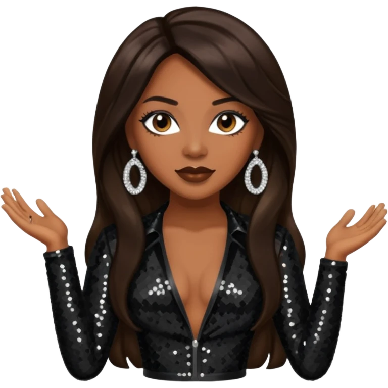 Monica Arnold, R&B Singer with long dark brown hair, black sequin outfit emoji