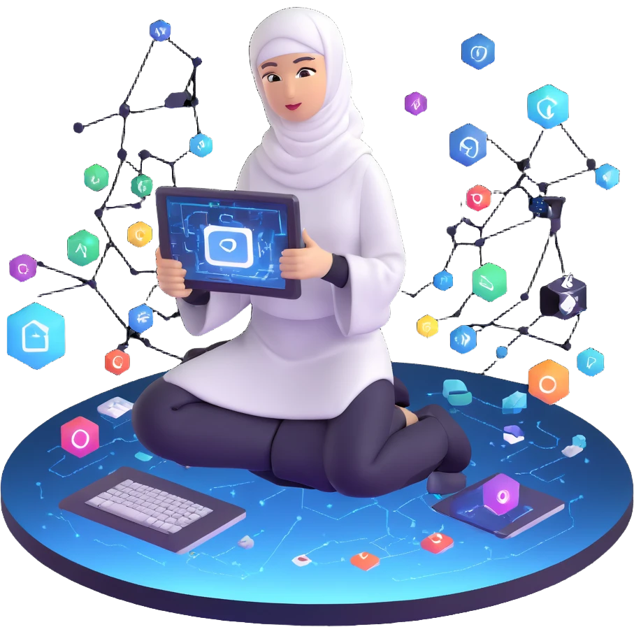 computer engineer with white hijab immersed in augmented reality, surrounded by floating metaverse elements, digital codes, virtual machines, tech graphics emoji