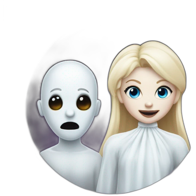 a blondie girl dressed as a ghost and a bald guy dressed as a ghost going to a party emoji