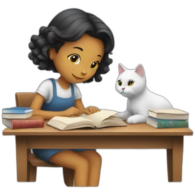 Girl working with books and a cat emoji