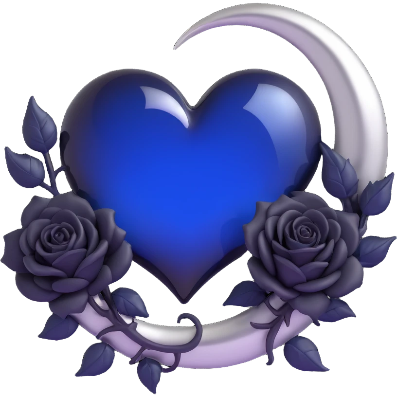gothic heart made of midnight blue glass, silver crescent moon, large black roses, mysterious and rich emoji