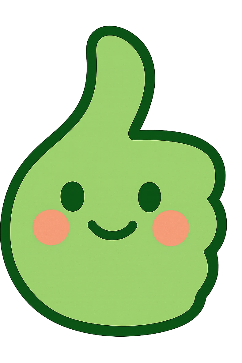 a cute green thumbs up emoji, hand with a smiling face, blushing cheeks, friendly emoji
