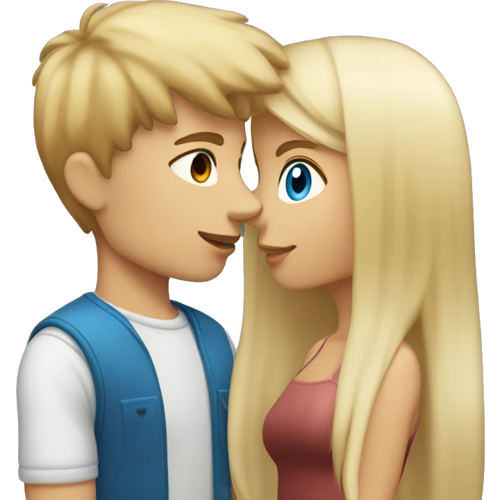 Girl with long back hair with bangs and tan skin kissing a boy with blonde hair blue eyes and white skin emoji