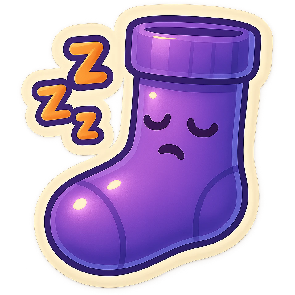 A purple sock with a sleeping face, zzz bubbles, representing sleep or boredom. emoji