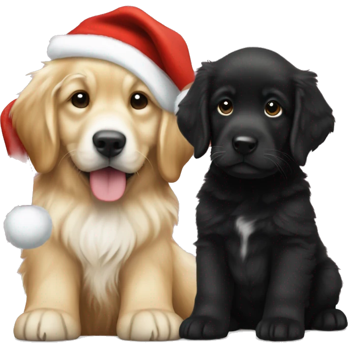 solid black fluffy puppy wearing red vest with white golden retriever puppy wearing a santa hat emoji