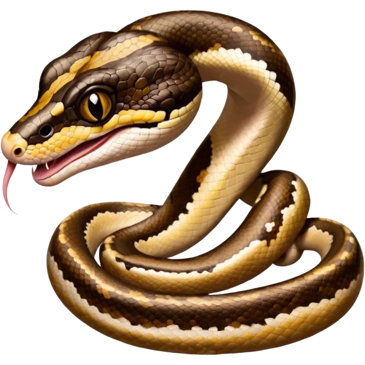 A close-up 3/4 view of the Ball Python with the front half raised slightly in an S-shape and its tongue flicking out. The head is angled curiously toward the viewer, showing both personality and motion. emoji