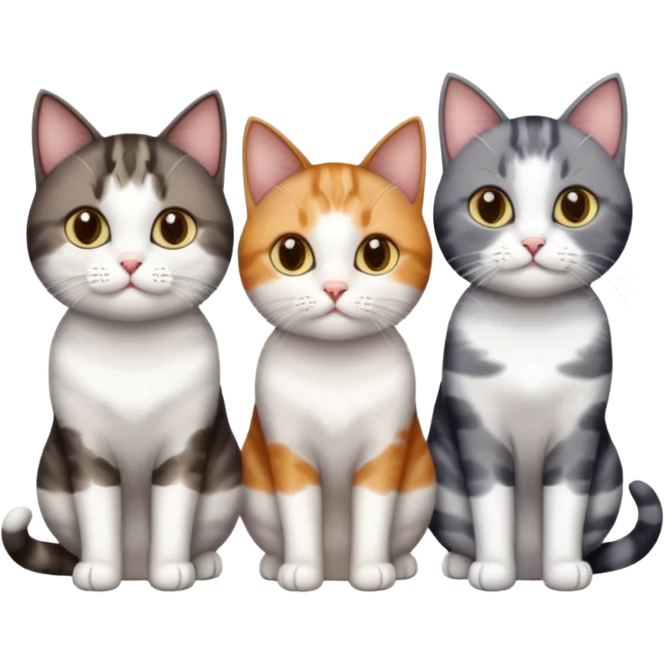 3 different coloured short haired cats including; a dark brown tabby and white cat, and a dark grey and white  emoji