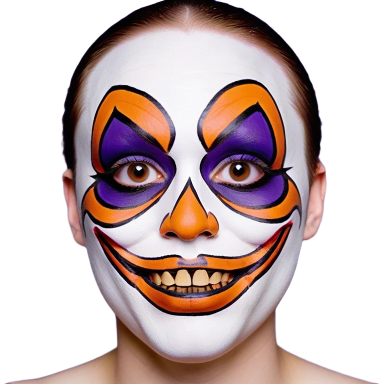 Juggalo smiley face that is Perfectly round and hairless with white skin with realistic human brown colored eyes and elaborate but symmetrical thin lined face paint that covers most of the area of their face from the top of the forehead down the sides of their chin to the bottom of their face that is orange outlined in dark purple, with an unrealistic anatomically impossible grin with broken teeth and look in their eyes that is menacing emoji