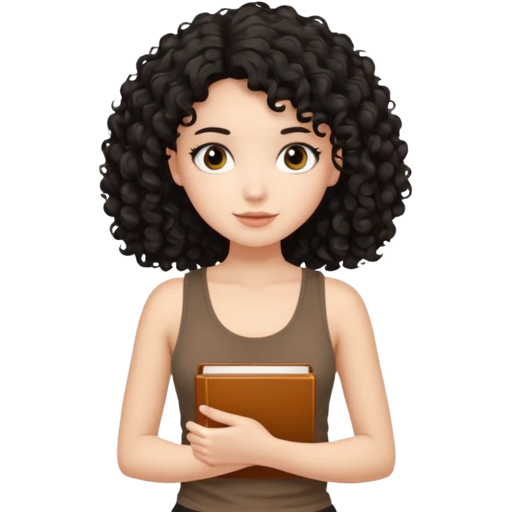 a pretty bratz fair girl with black curly hair in a brown tank top holding a book emoji