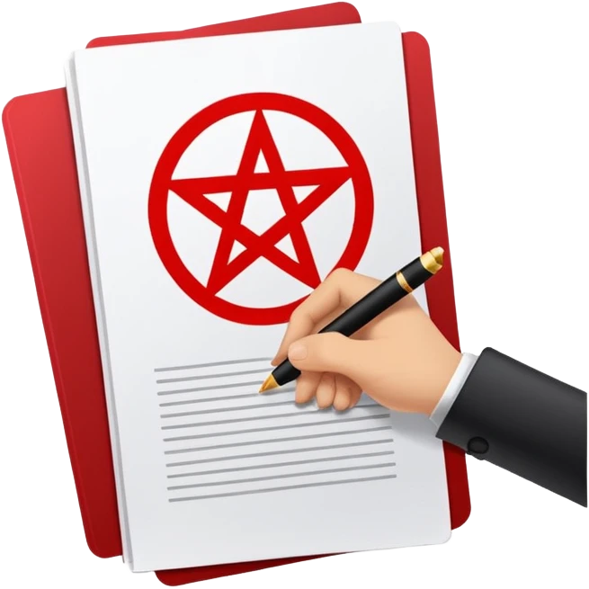 Minimalist emoji-style sticker of a hand signing a contract that says “YOUR SOUL” in bold letters, red ink, pentagram seal emoji