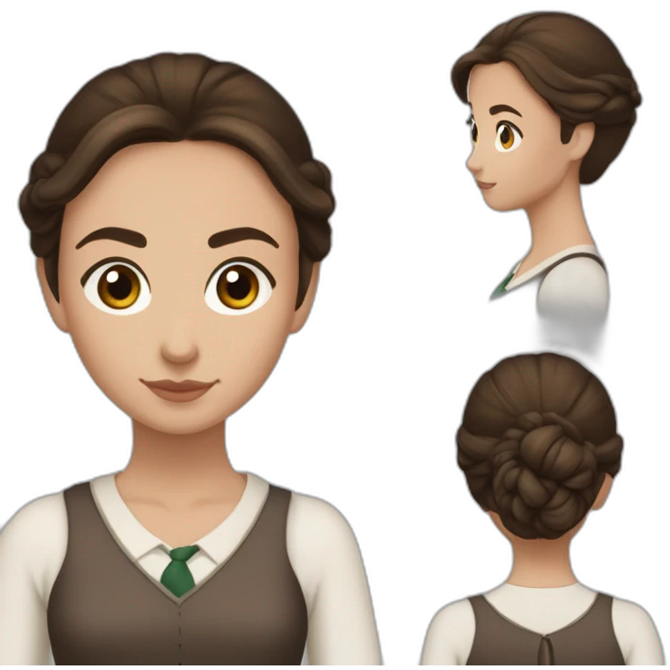 Fille brune aux yeux marron blanche de peau, un chignon et avec une tenue de la maison serpentard dans Harry potter emoji